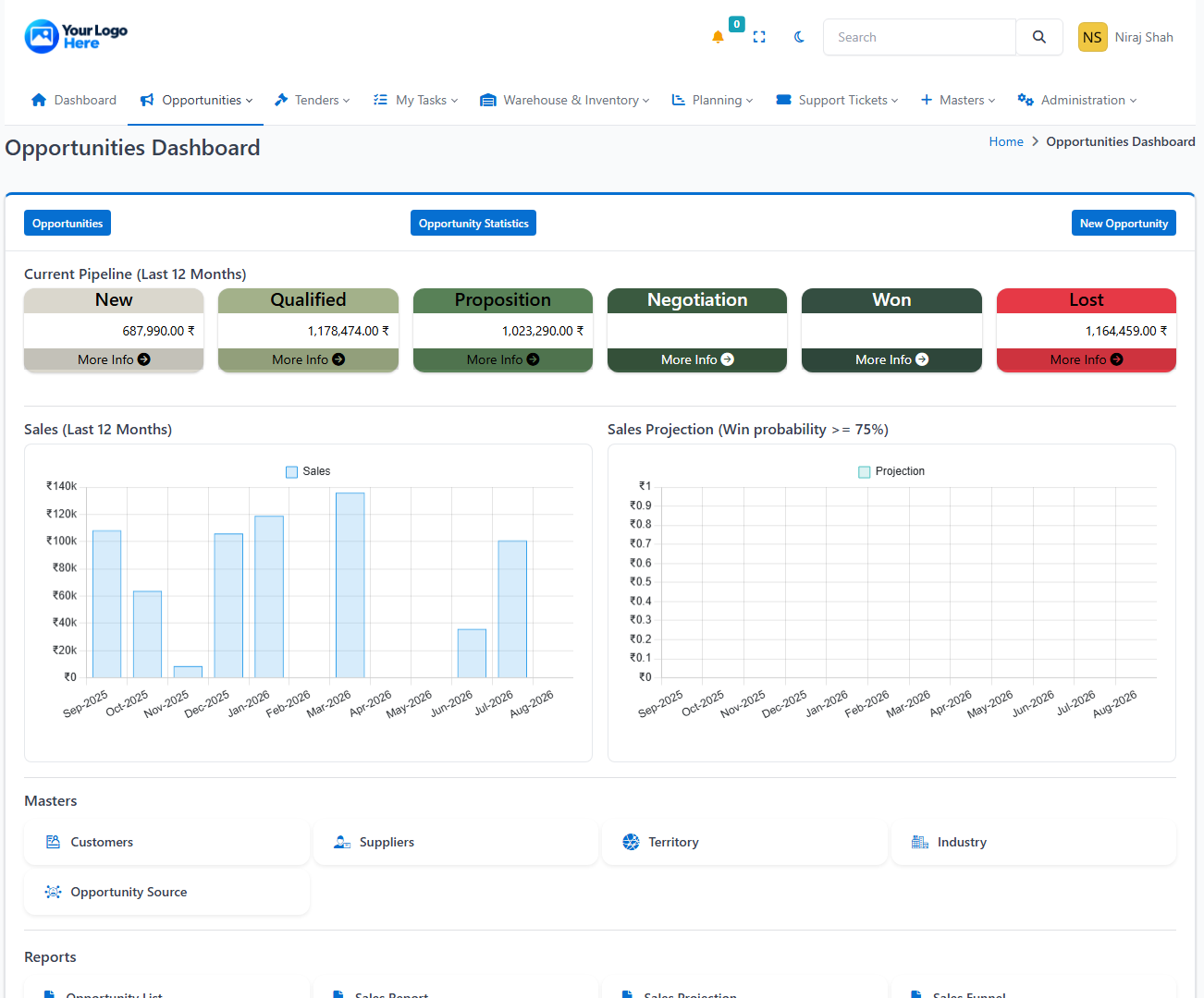Elvion ERP CRM and opportunity management screen