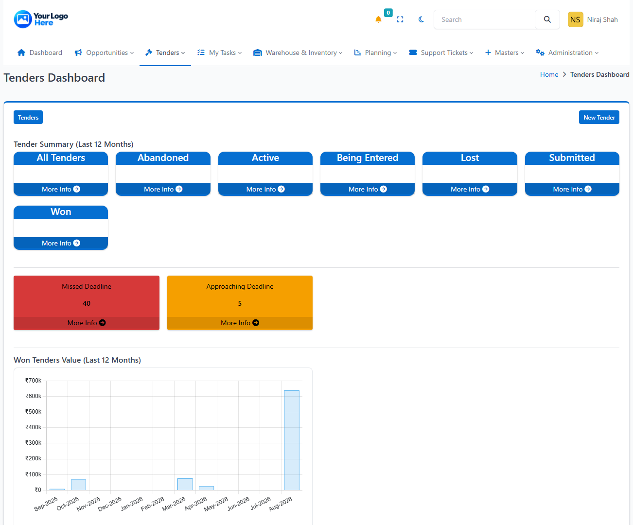 Elvion ERP tender management screen