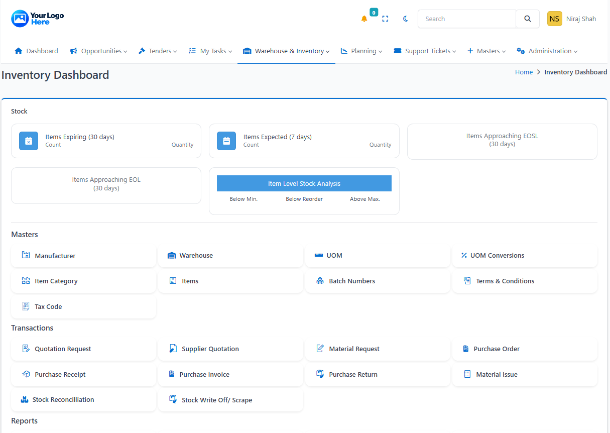 Elvion ERP inventory and stock visibility screen